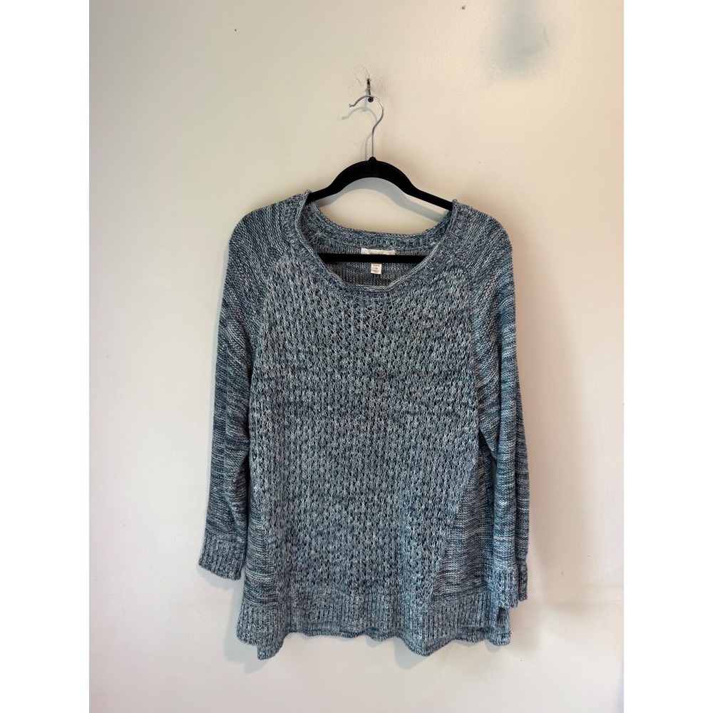 Dressbarn Woman 1X Blue Marled Knit Pullover Sweater Textured Crew Neck Slit Hem